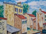 a watercolor painting of a street scene with buildings