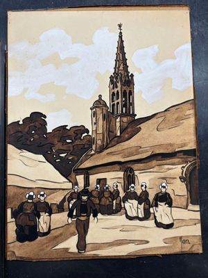 a picture of a painting of a man walking down the street
