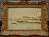 an oil painting of a boat on a river in front of a building