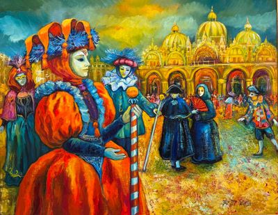 une peinture à l'huile représentant une femme en robe rouge tenant une canne
