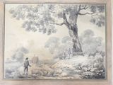 une photo d'un tableau représentant un homme et un chien près d'un arbre