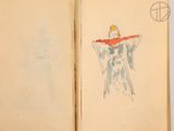 an open book with a drawing of a woman holding a red umbrella