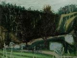 a painting of a green field with trees in the background