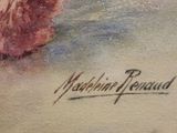 a picture of a painting of a woman walking on the beach