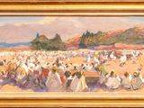 an oil painting of a large crowd of people walking through a field