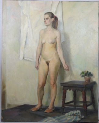 painting of a nude woman standing in front of a white curtain