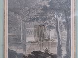 painting of a view of a lake with a building in the background