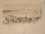 drawing of a view of a city from a hill with a church in the distance