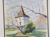 a watercolor painting of a small house in a field