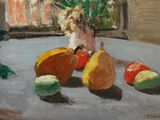 a painting of a vase of flowers and fruit on a table