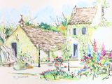painting of a house with a garden and flowers in front of it