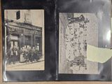 two old black and white photos of people standing outside of a building