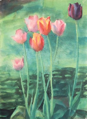 un tableau représentant trois tulipes dans un vase posé sur une table