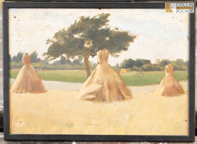 un tableau représentant un groupe de bottes de paille dans un champ