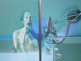 a picture of a man that is in a bath room