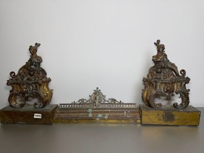 three antique bronze figurines of a man and woman on a bench