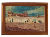 painting of a village scene with people walking and a building in the background