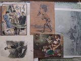 many pictures of people and animals on a table