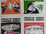 four posters of charlie hebo and other cartoon characters on a wall