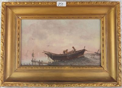 painting of a man and woman in a boat on a body of water