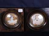 two framed pictures of a woman and a man on a black background