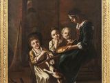 un tableau représentant une famille avec un chien et un chat
