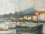 a painting of a harbor scene with boats in the water