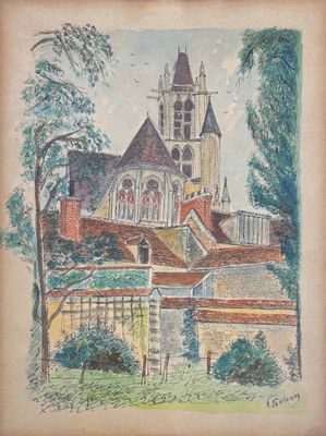 une image représentant un tableau d'un bâtiment avec une tour horloge