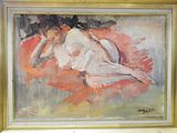 an oil painting of a woman laying down on a red blanket