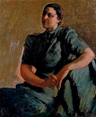 tableau représentant une femme en robe verte assise sur une chaise