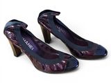 chanel purple patent pumps with wooden heel and bow detail