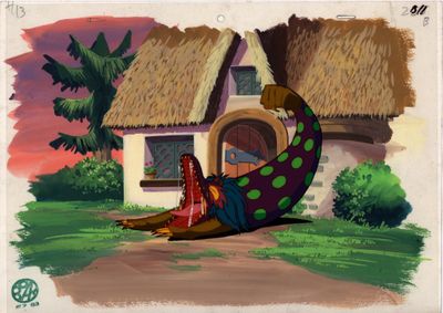 painting of a woman sitting on a giant snake in front of a house