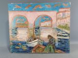 un tableau représentant une femme assise sur un bateau sur l'eau