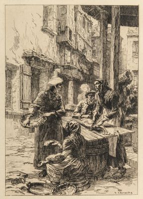 une image représentant un dessin d'un groupe de personnes dans une rue