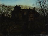 tableau représentant un vieux manoir avec un perron menant à celui-ci