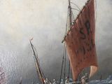 an oil painting of a ship in rough seas with a red sail