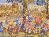 painting of a group of people in a field with a horse drawn carriage