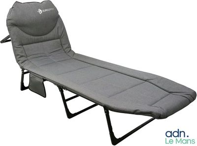 a grey chaise lounger with a black frame and seat cushion