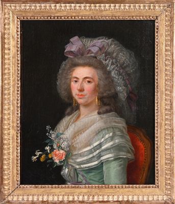 portrait of a lady in a green dress with a bouquet of flowers in her hand