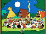 three panels of a cartoon scene of a group of people in a forest