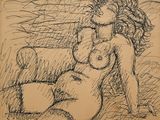 dessin représentant une femme nue assise par terre, les jambes croisées