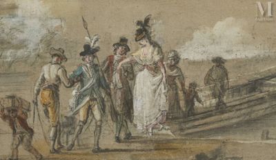 painting of a group of people standing on a beach next to a boat