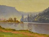 painting of a painting of a river with a mountain in the background
