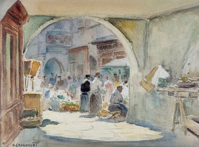 a watercolor painting of a street scene with people