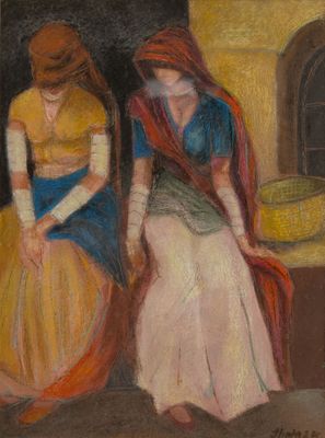 painting of two women sitting in front of a fireplace in a room