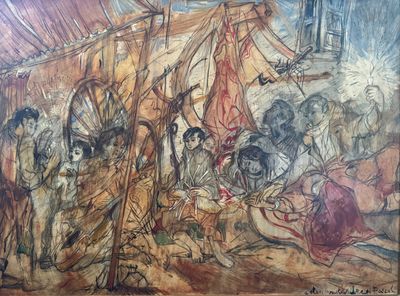 an image of a painting of a group of people in front of a tent