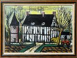painting of an old house with a tractor in front of it