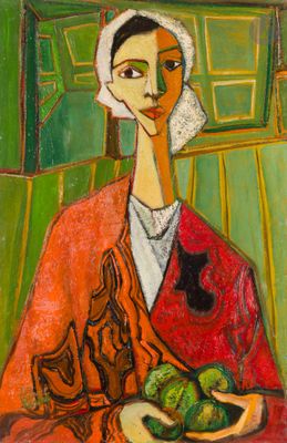 an image of a painting of a woman holding a plate of fruit
