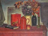 un tableau représentant un vase de fleurs et un livre posés sur une table