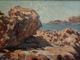 tableau représentant une plage rocheuse avec un phare au loin